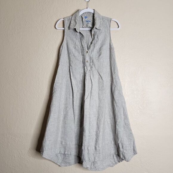 Yuvita Popover Shirt Dress Women's XS Gray Sleeveless 100% Linen Classic  Stripe